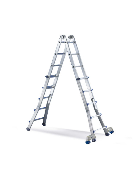 Escalera telescópica transformable en posición de tijera