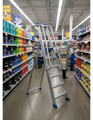 PRO ESPECIAL6 | Escalera de aluminio con guardacuerpos y barandillas en uso