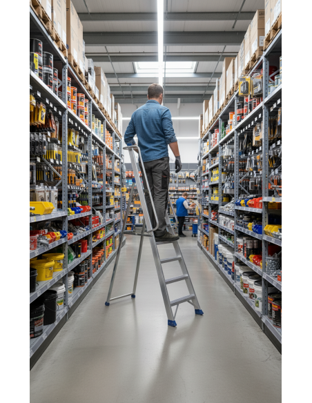 PRO VIP6 | Escalera extra resistente de aluminio con guardacuerpos y barandillas en uso