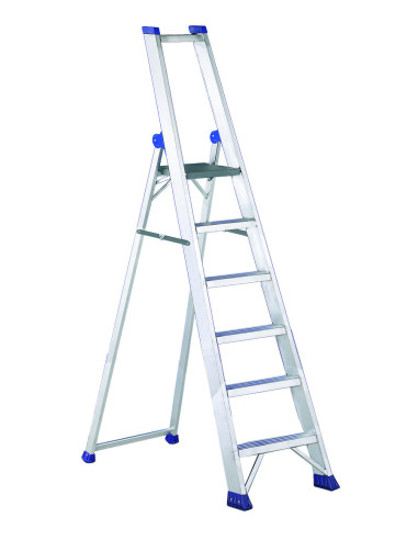 PRO MAX6 | Escalera de tijera de peldaño ancho con pasamanos y portaherramientas