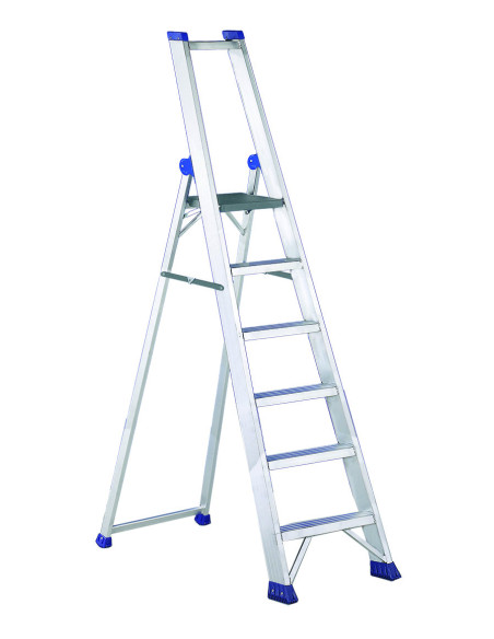 PRO MAX6 | Escalera de tijera de peldaño ancho con pasamanos y portaherramientas