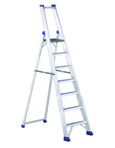 PRO MAX7 | Escalera de tijera de peldaño ancho con pasamanos y portaherramientas