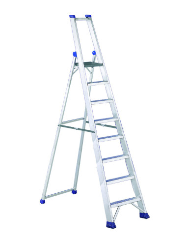 PRO MAX8 | Escalera de tijera de peldaño ancho con pasamanos y portaherramientas