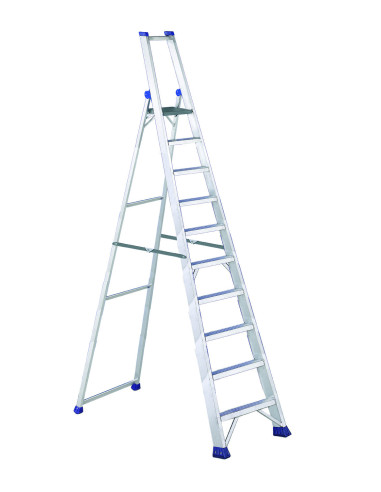 PRO MAX10 | Escalera de tijera de peldaño ancho con pasamanos y portaherramientas