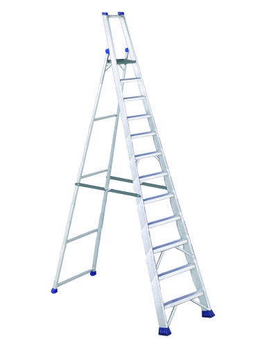 PRO MAX12 | Escalera de tijera de peldaño ancho con pasamanos y portaherramientas