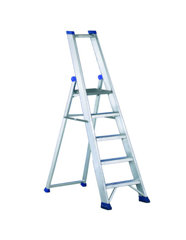 PRO MAX5 | Escalera de tijera de peldaño ancho con pasamanos y portaherramientas